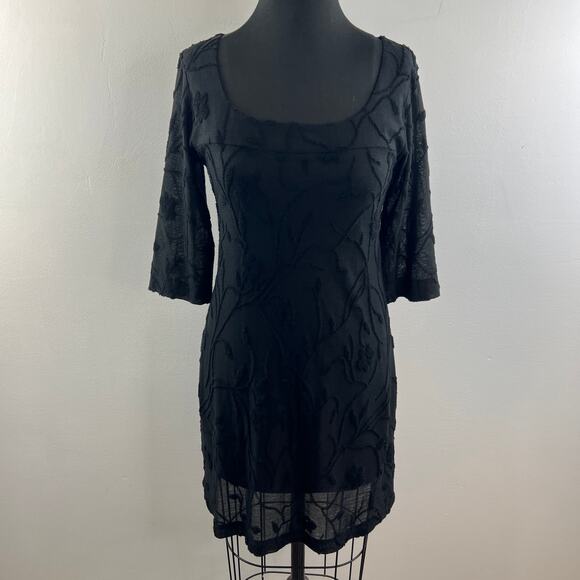VTG Johnny Was Black Lace Shift Dress Scoop Neck Floral 3/4 Sleeve Size Small S - Picture 2 of 9